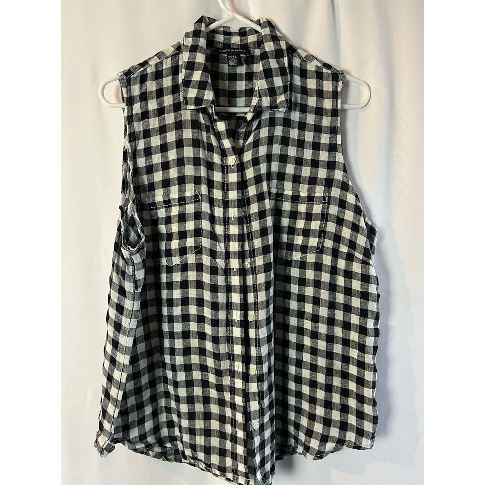 Saks Fifth Ave Women's Gingham Button-Up Top Black Size L Standard Casual Spring